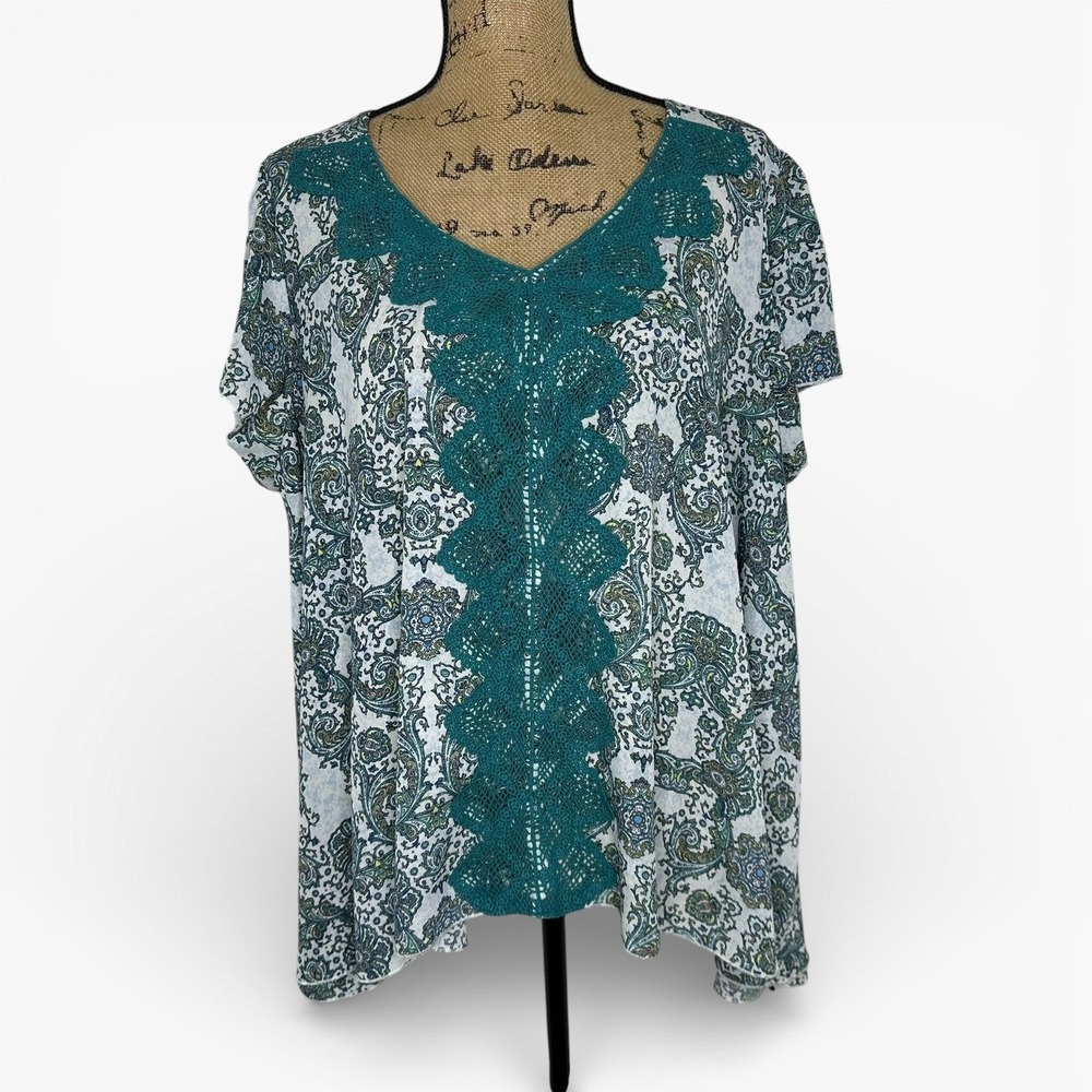 Energe World Wear Paisley Top Flutter Sleeve V Neck‎ Crochet Boho Casual Sz 2X